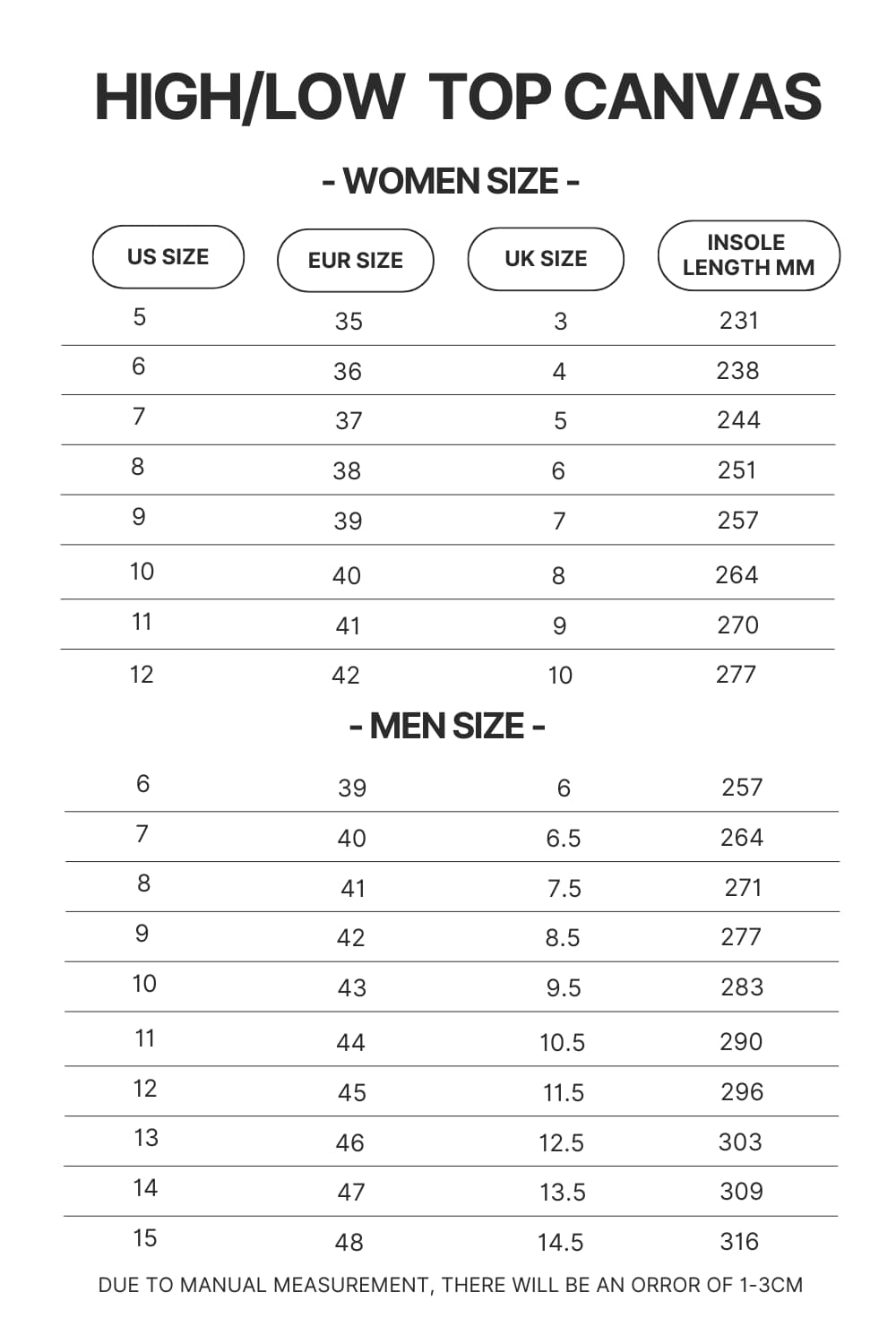 High Top Low Top Canvas Shoes Size Chart - Kuroko no Basket Store