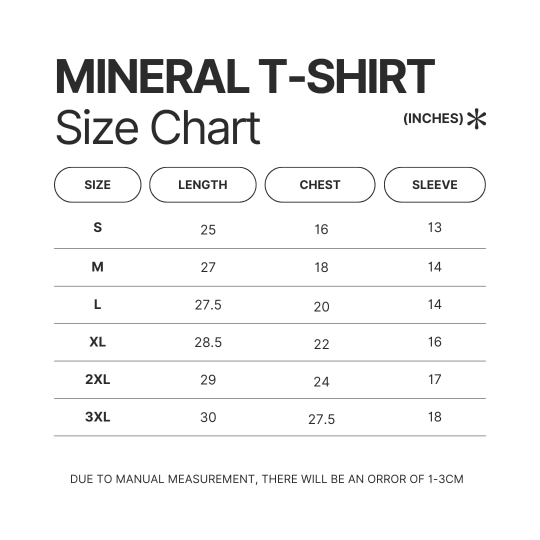 Mineral Wash T shirt Size Chart - Kuroko no Basket Store